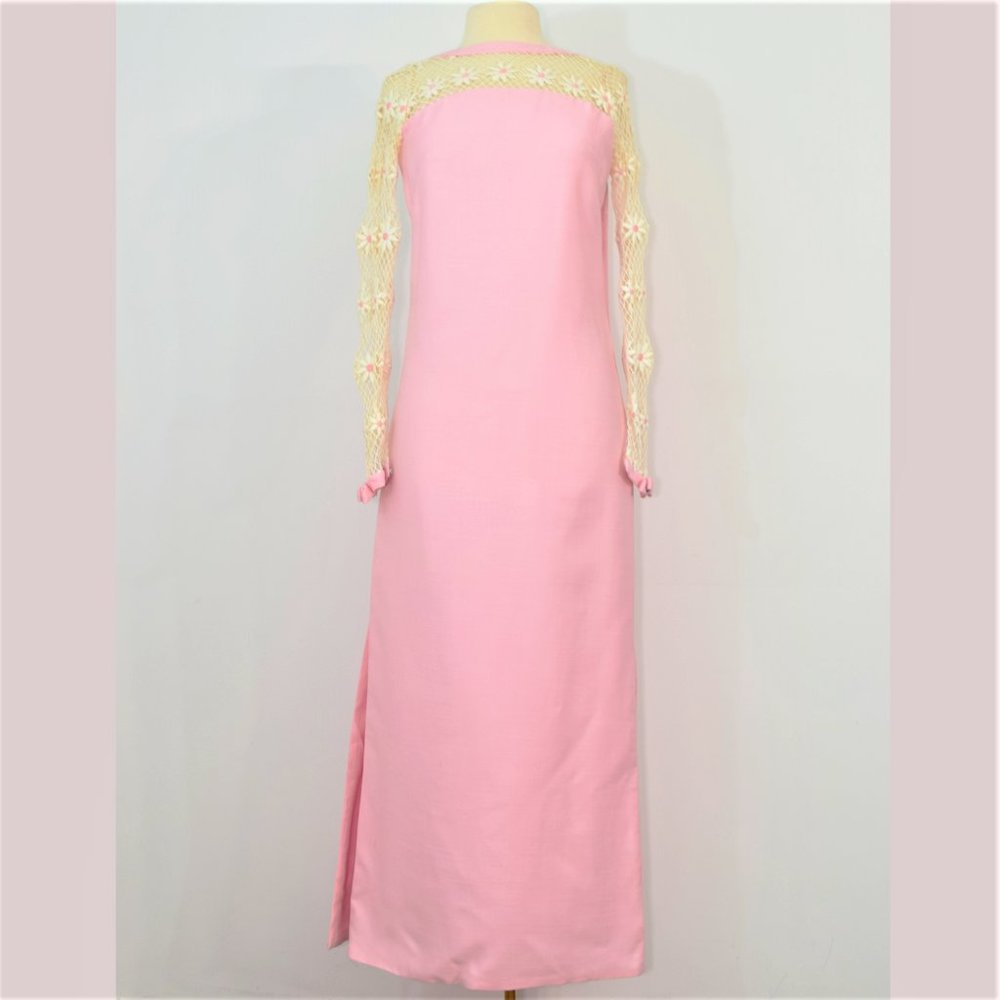 60s Maxi Fish Net Train Evening Gown Prom Dress Barbie Pink Handmade Vintage XS